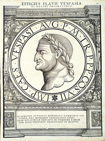 Flavio Vespasiano, ilustración de Imperatorum romanorum omnium orientalium et occidentalium verissimae imagines ex antiquis numismatis de Hans Rudolf Manuel Deutsch